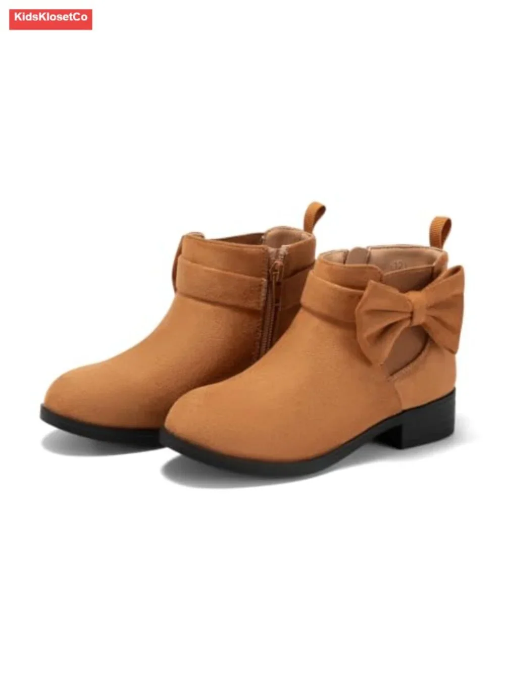 Girls Bow Ankle Boots Chunky Low Heel Zipper Suede Booties